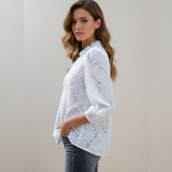 Fuzzy Notched Neck Bishop Sleeve Blouse - Picture 3 of 7